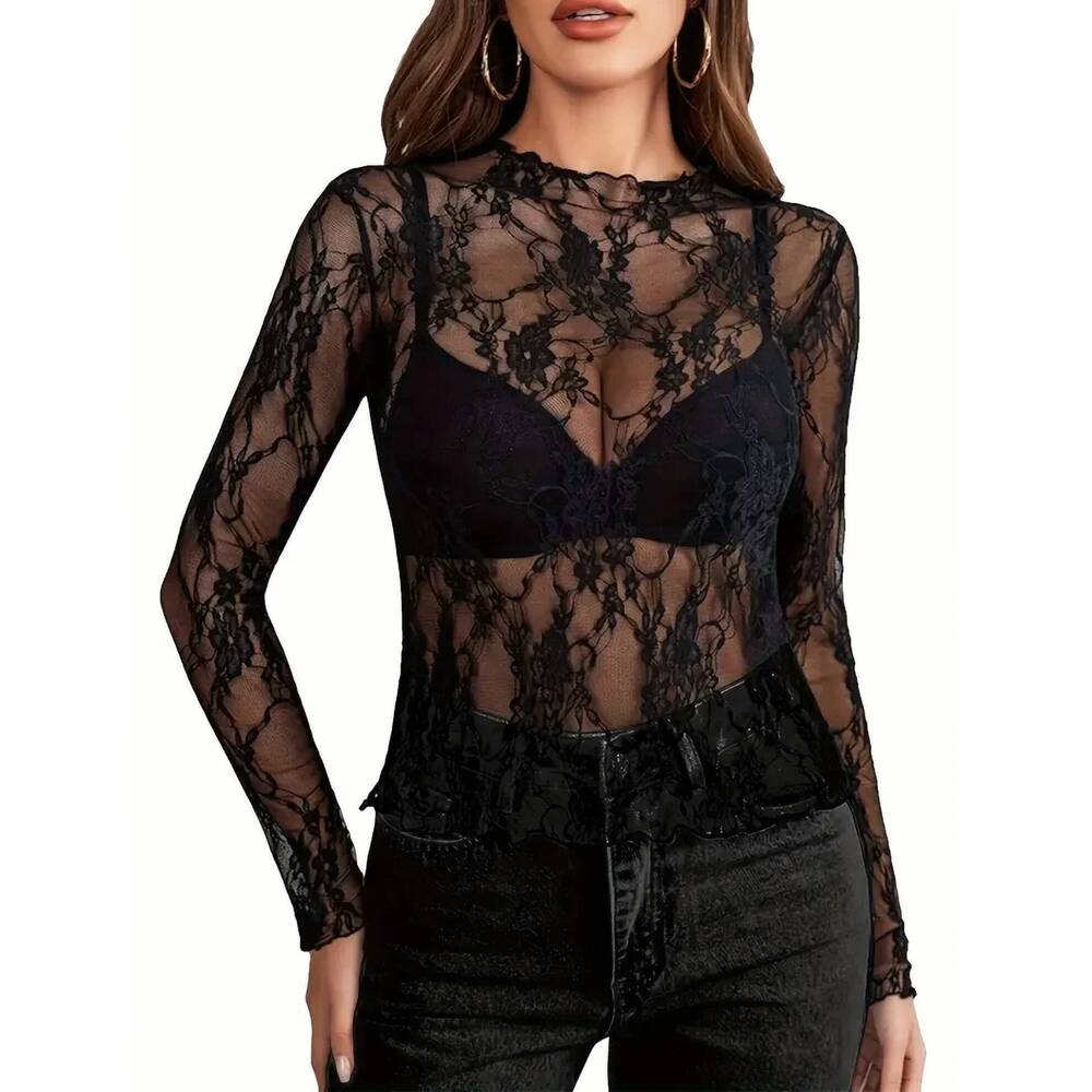 NEW 5TH CULTURE floral lace long sleeve top in black